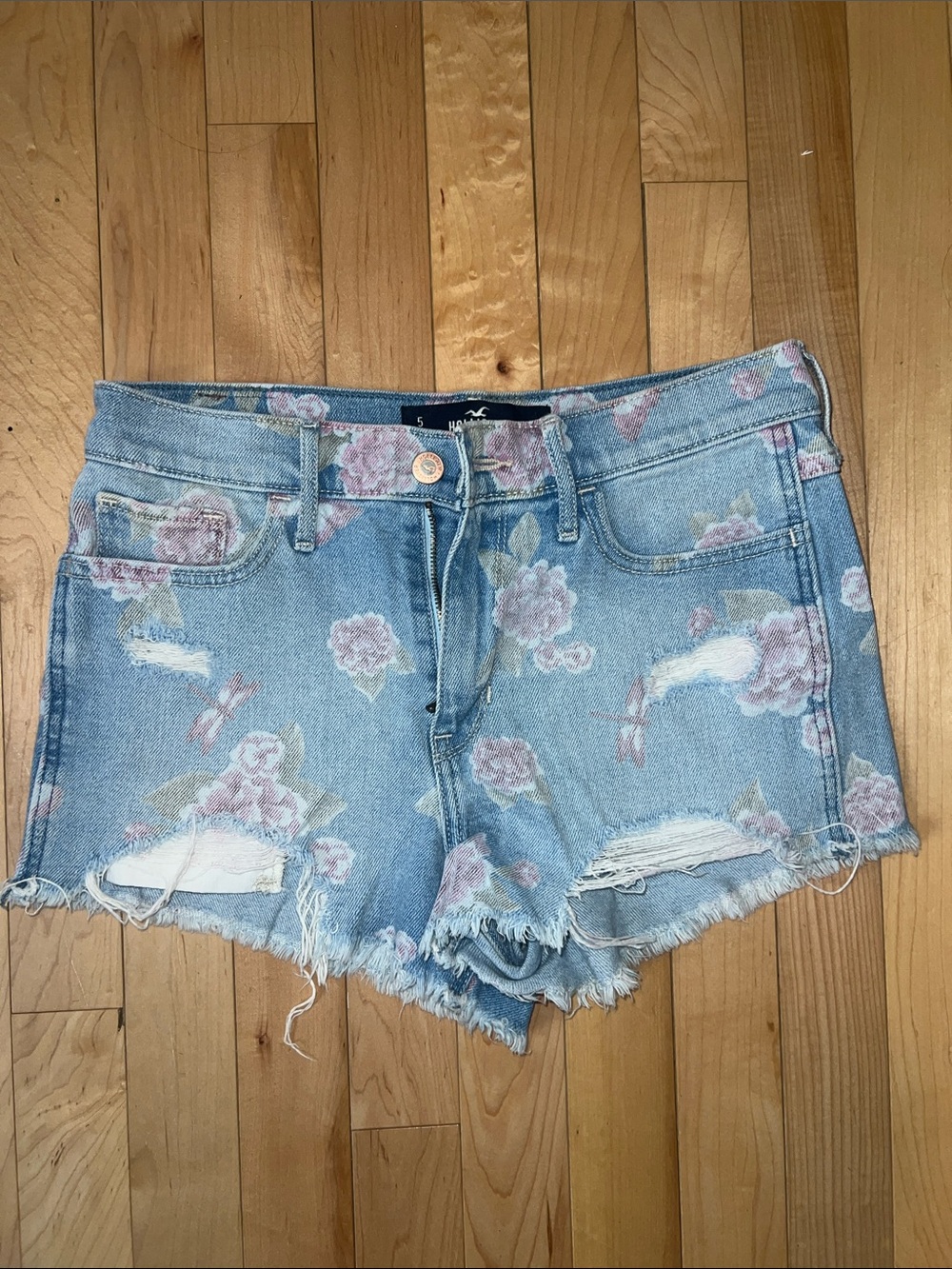 Hollister Floral Print Distressed Denim Shorts